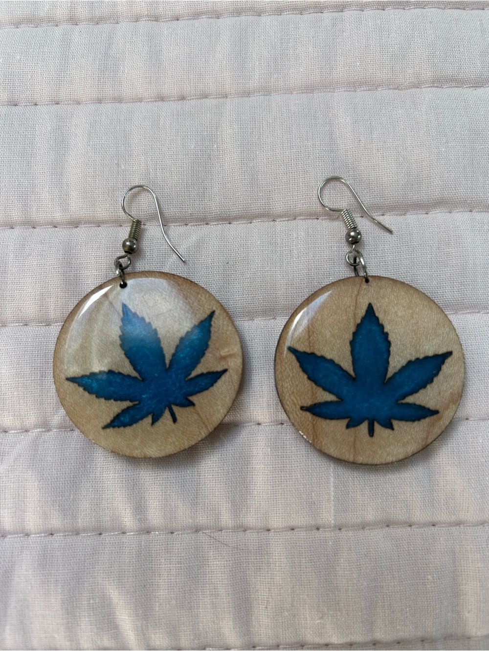 Handmade Blue Leaf Wood Disc Earrings - Women Jewelry